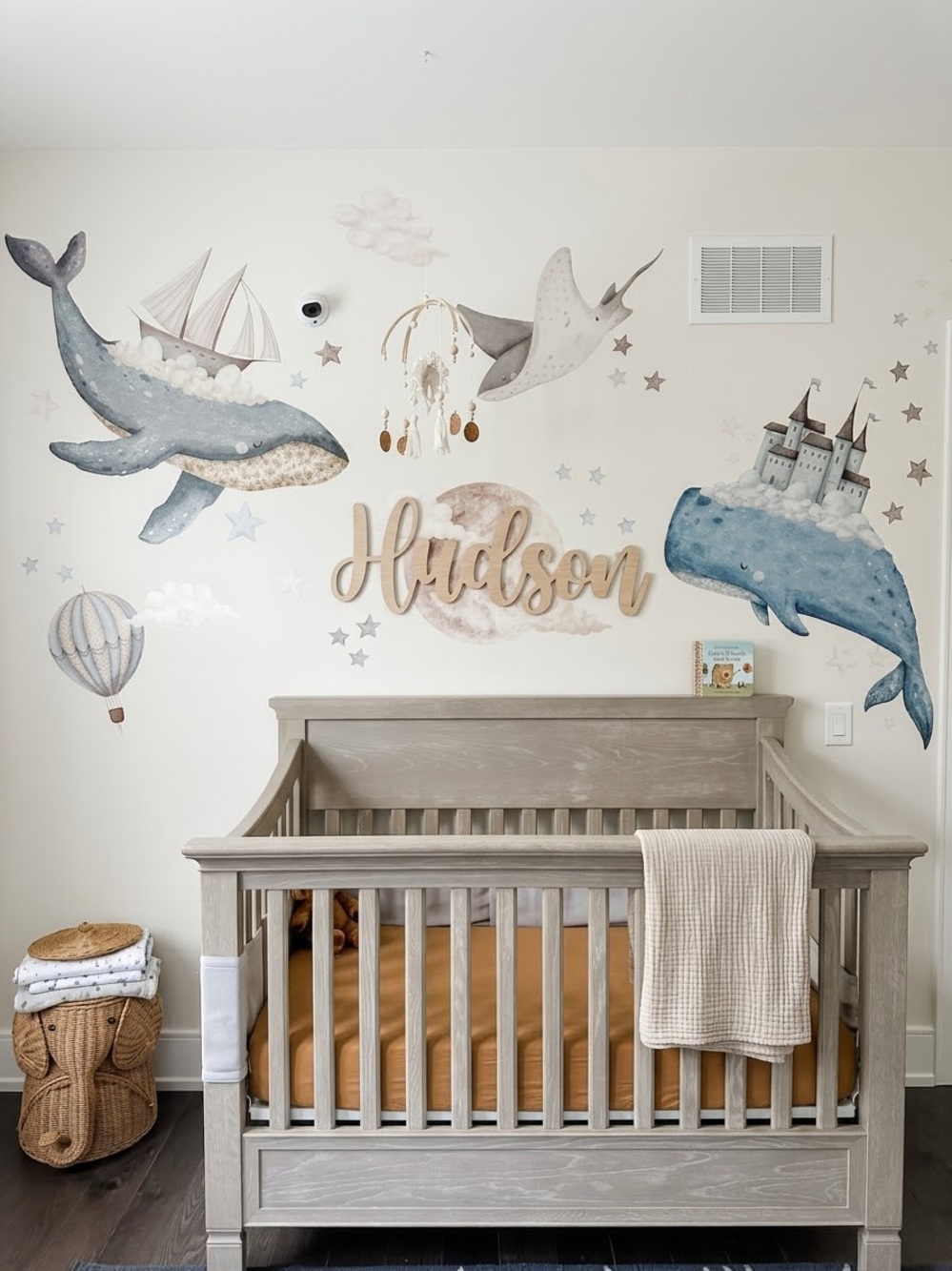 Large Whimsical Whale Magical Hot Air Balloon Castle Nursery Wall Decal Set